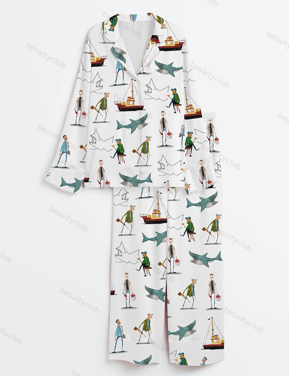 Shark Movie Amity Island Sea Travel Long Sleeve Satin Pajama Set
