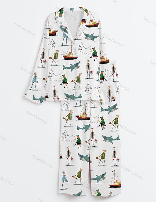 Shark Movie Amity Island Sea Travel Long Sleeve Satin Pajama Set
