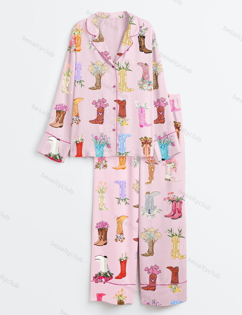 Western Flower Boots Long Sleeve Satin Pajama Set