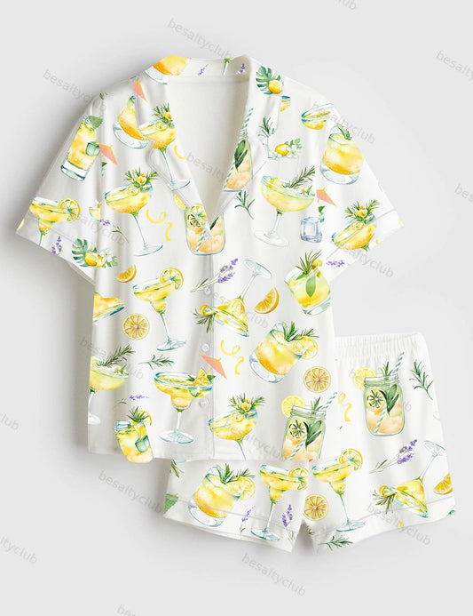 Lemon Drop Martini Limoncello Cocktail Mocktail Alcohol Wedding Clipart Margarita Bar Short Sleeve Satin Pajama Set