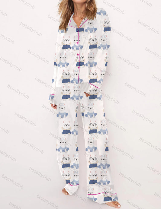 French Bulldog Satin White Pajama Set