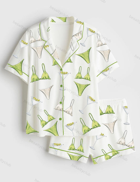 Bikinis And Martinis Bachelorette Dirty Martini Print Short Sleeve Satin Pajama Set