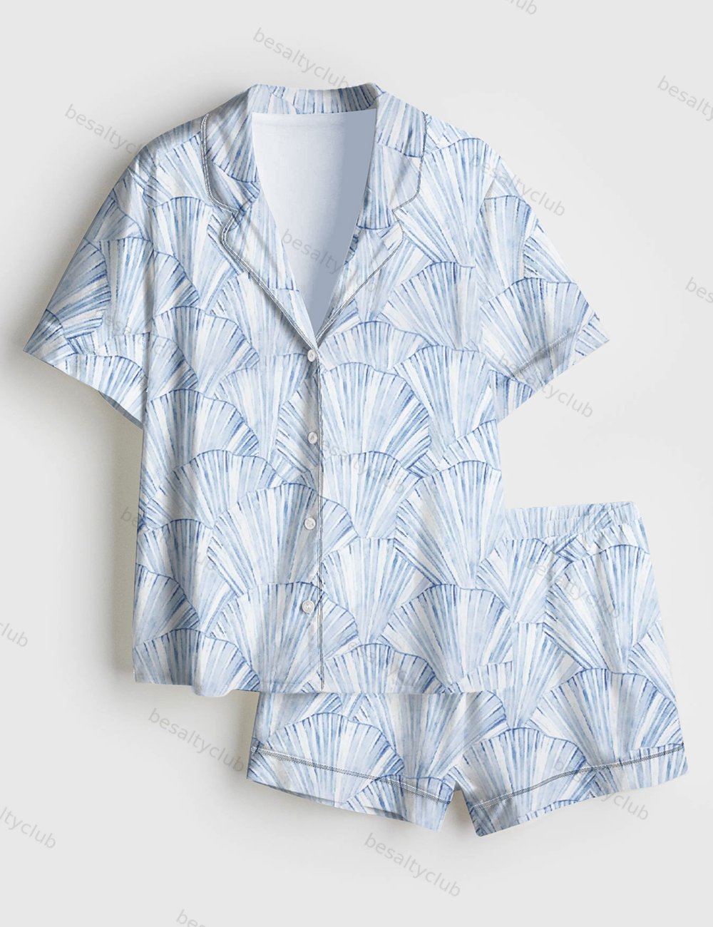 Seashell Coastal Blue Vintage Coastal Granddaughter Aesthetic Summer Beach Vibes Print Short Sleeve Satin Pajama Set