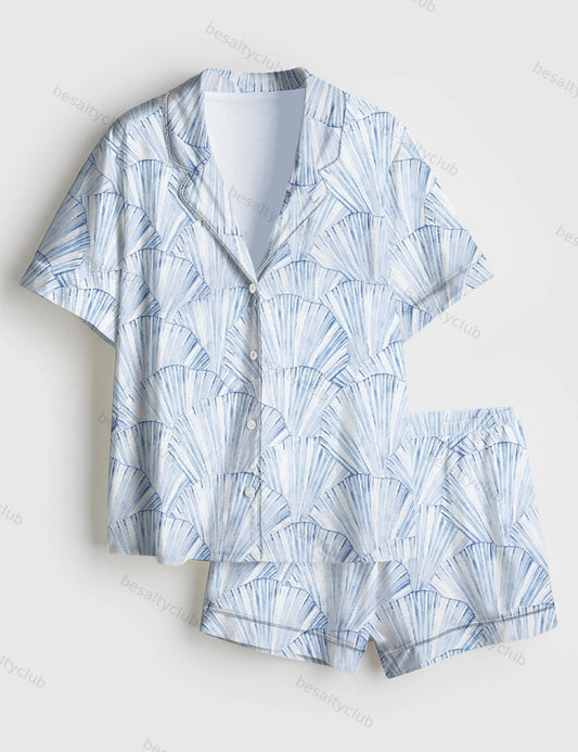 Seashell Coastal Blue Vintage Coastal Granddaughter Aesthetic Summer Beach Vibes Print Short Sleeve Satin Pajama Set