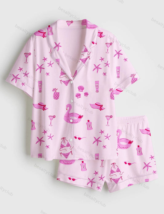 Summer Cocktail Breezy Beach Vacation Short Sleeve Satin Pajama Set