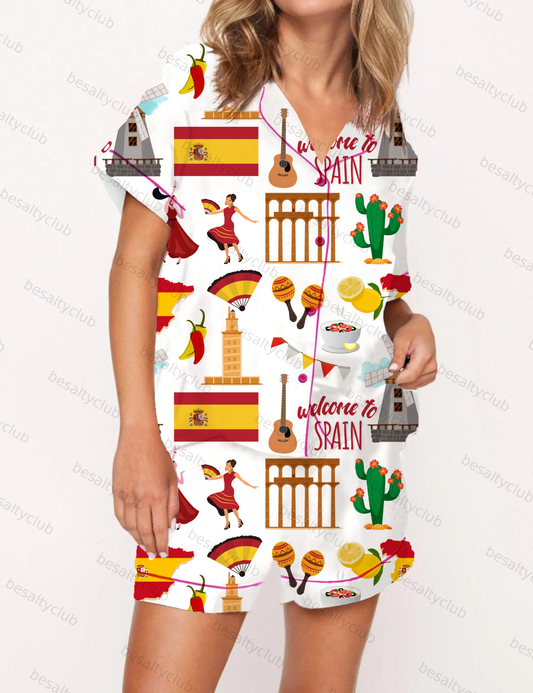 Spain Travel Silky Satin Pajama Short Set