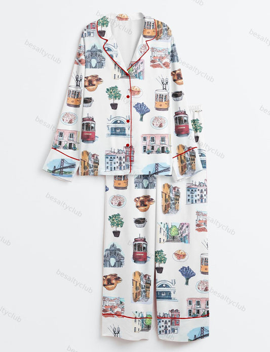 Lisbon Portugal Travel Long Sleeve Satin Pajama Set