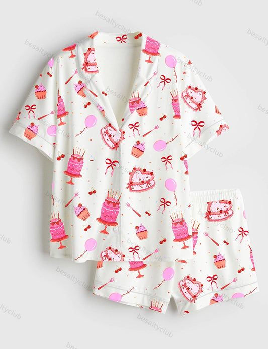 Happy Birthday Cake Short Sleeve Satin Pajama Set