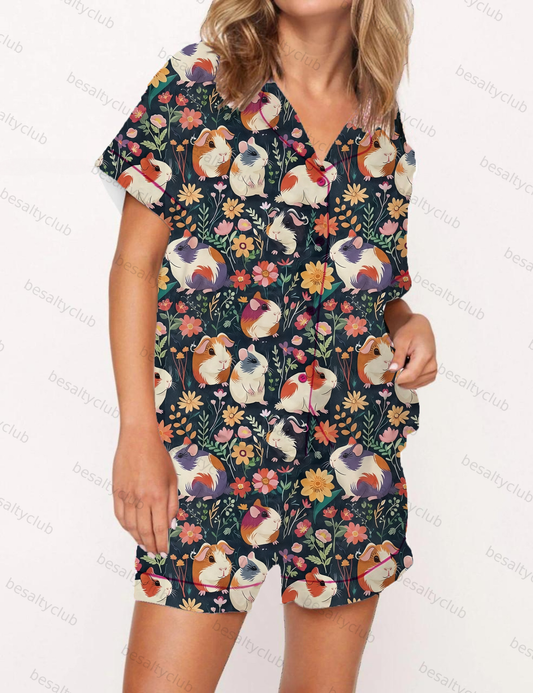 Colorful Guinea Pig Pattern Satin Pajama Short Set