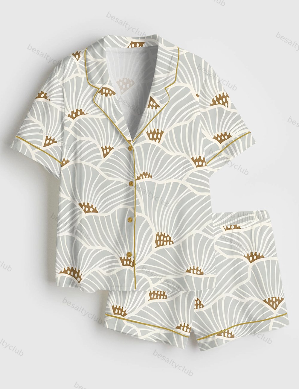 Neutral Flowers Modern Geometric Soft Lines Art Print Short Sleeve Satin Pajama Set