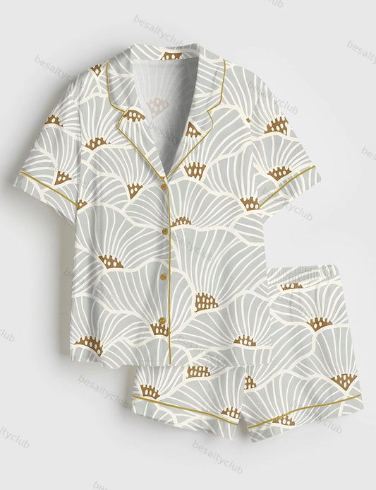 Neutral Flowers Modern Geometric Soft Lines Art Print Short Sleeve Satin Pajama Set