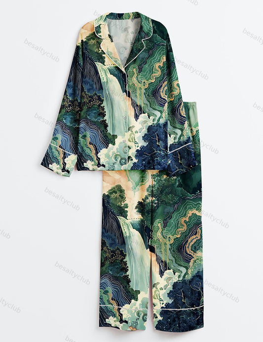 Hokusai Ukiyo-e Japanese Waterfall Long Sleeve Satin Pajama Set