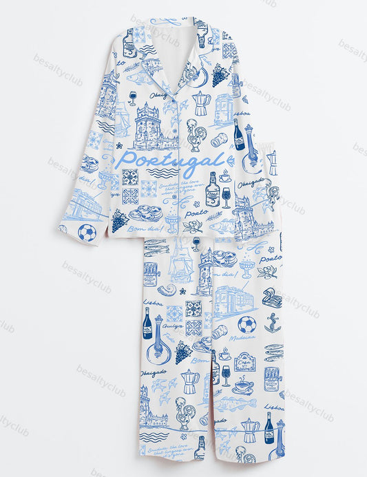 Portugal Whimsical Style Illustration Long Sleeve Satin Pajama Set