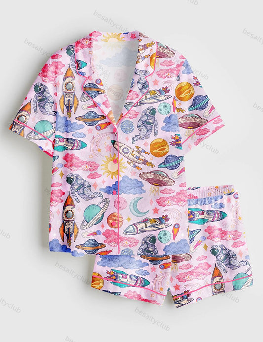 Rocket Man Space Short Sleeve Satin Pajama Set