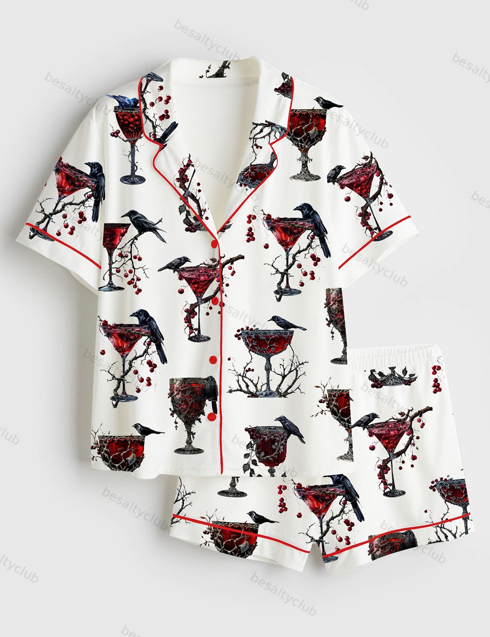 Halloween Cocktail Alcohol Drinks Gothic Cocktail Black Bird Red Gothic Christmas Drinks Short Sleeve Satin Pajama Set