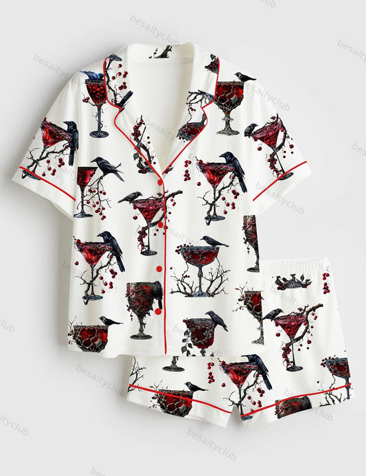 Halloween Cocktail Alcohol Drinks Gothic Cocktail Black Bird Red Gothic Christmas Drinks Short Sleeve Satin Pajama Set