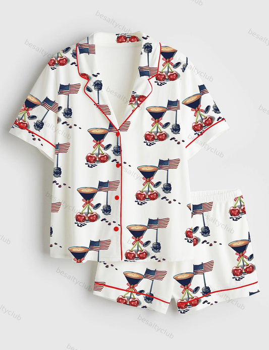Espresso Martini Cherry Coquette Bow USA Flag Cocktail 4th Of July Short Sleeve Satin Pajama Set