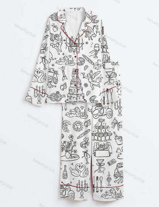 Hand Drawn Whimsical Wedding Print Long Sleeve Satin Pajama Set