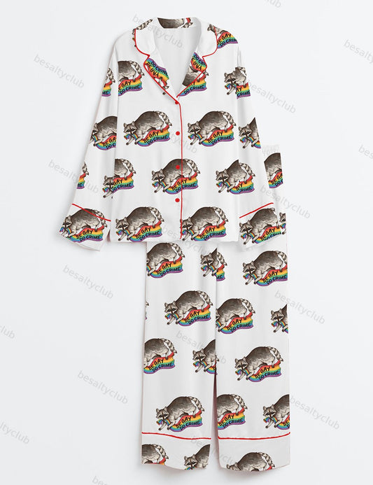 Be Gay Do Crime Rainbow Flag Pride Flag Stealing Raccoon Trash Panda LGBT Pride Print Long Sleeve Satin Pajama Set