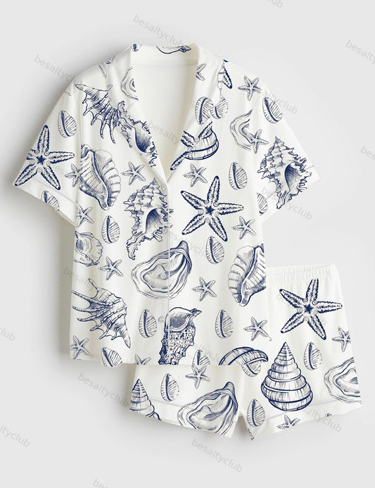 Vintage Seashell Coastal Aesthetic Summer Beach Vibes Print Short Sleeve Satin Pajama Set