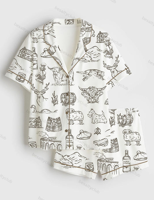Scotland Whimsical Style Scottish Highlands Whisky Castles And Love On The Moors Short Sleeve Satin Pajama Set