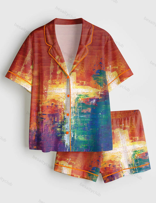 Easter Jesus Cross Christian Short Sleeve Satin Pajama Set