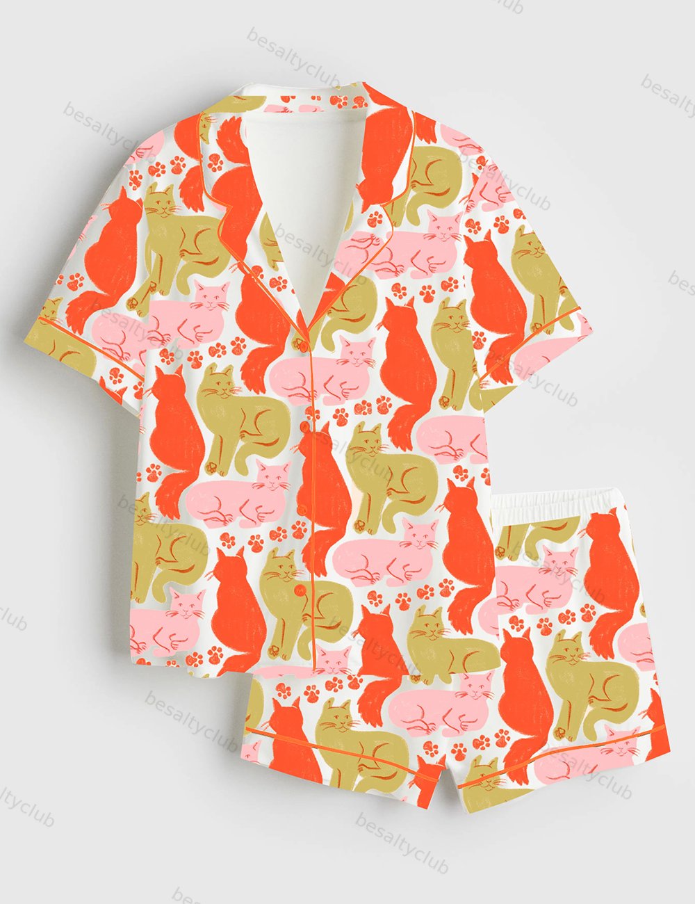 Colorful Cute Cat Short Sleeve Satin Pajama Set