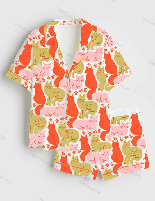 Colorful Cute Cat Short Sleeve Satin Pajama Set