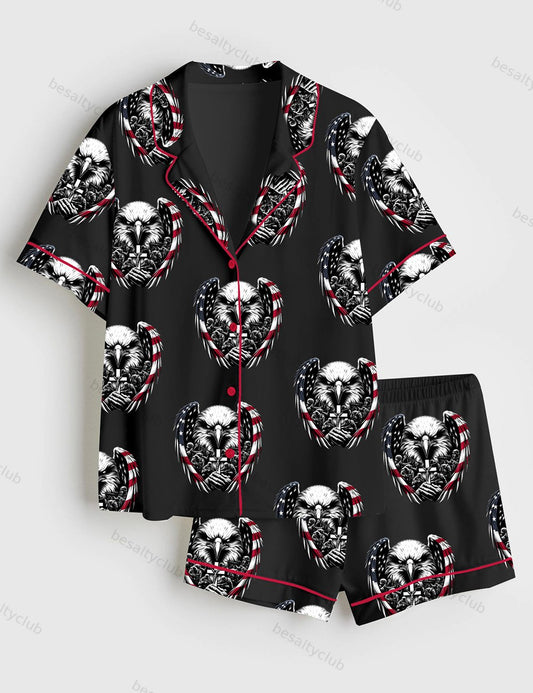 American Flag Eagle 4th Of July  Eagle Through Flag Memorial Day Print Short Sleeve Satin Pajama Set