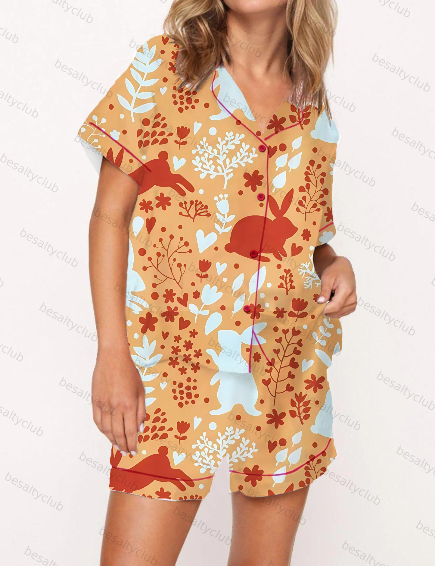 Whimsical Bunny Floral Print Satin Pajama Short Set