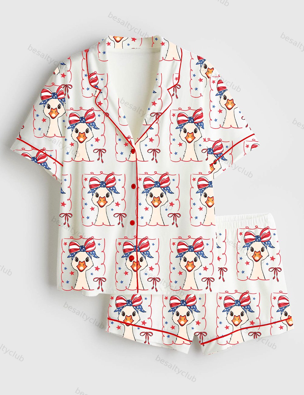 4th Of July Bows Goose America Coquette Print Short Sleeve Satin Pajama Set