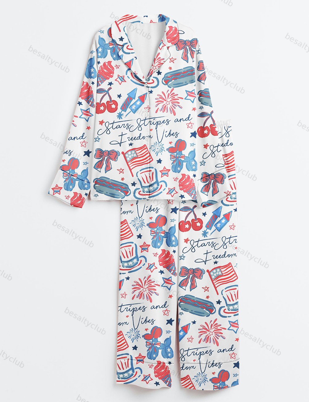 America Stars Stipes And Freedom Vibes 4th Of July Girly Coquette America Print Long Sleeve Satin Pajama Set