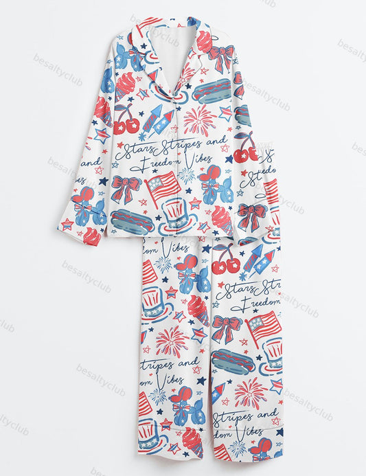 America Stars Stipes And Freedom Vibes 4th Of July Girly Coquette America Print Long Sleeve Satin Pajama Set