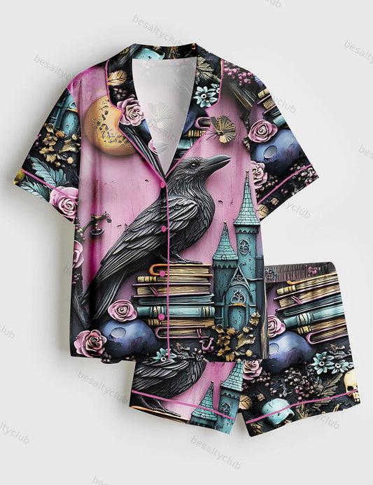 Gothic Purple Bookshelf Dark Academia Witch Skull Floral Book Lover Short Sleeve Satin Pajama Set