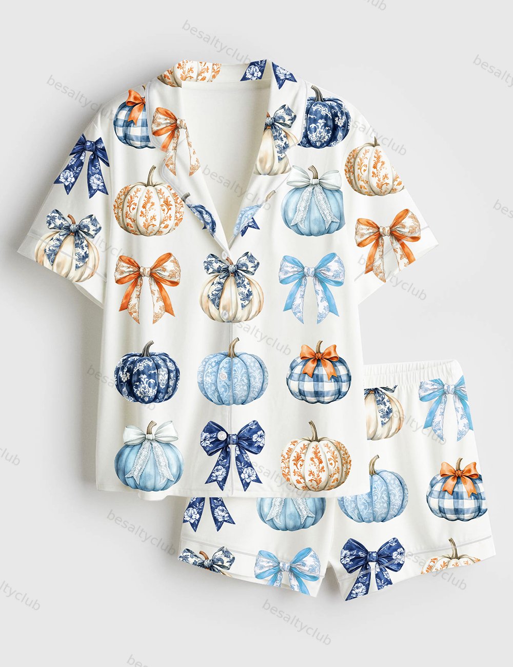 Watercolor Pumpkins And Bows Clipart Blue Toile Pumpkins Fall Gingham Pumpkins Short Sleeve Satin Pajama Set