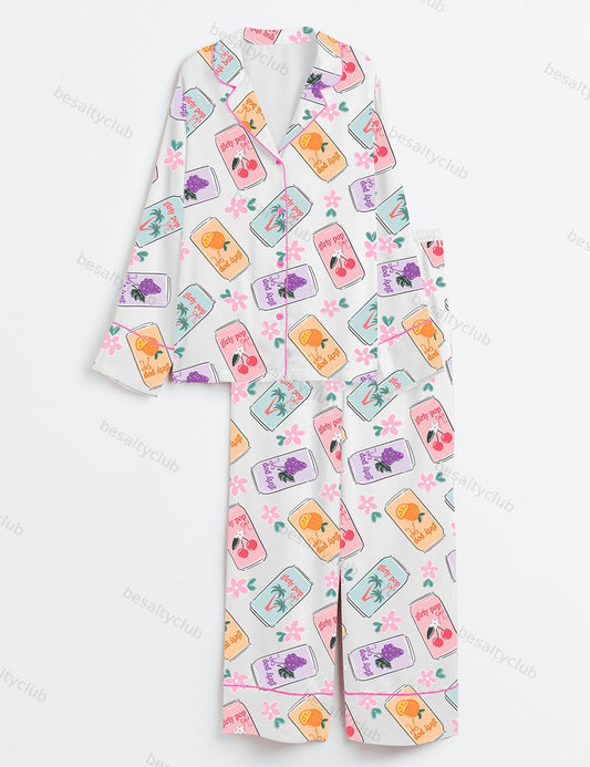 Girly Soda Pop Pink Fruity Summer Cherry Soda Surface Pattern Long Sleeve Satin Pajama Set