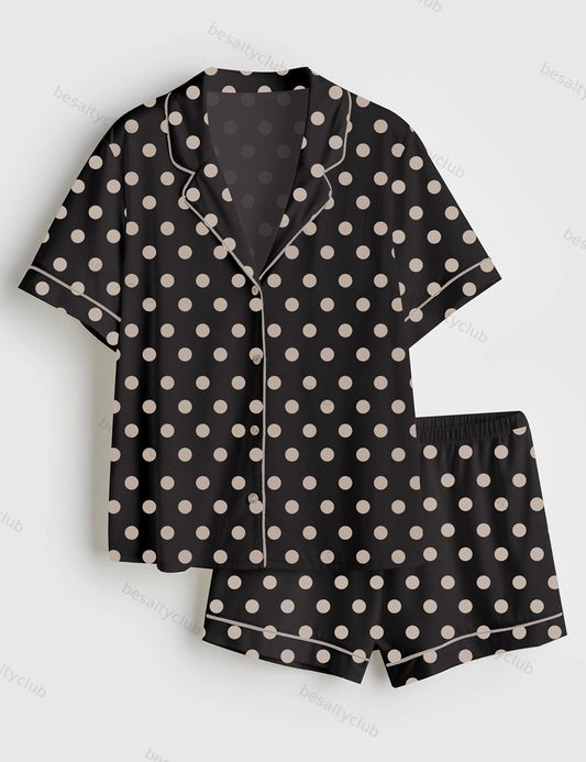 Polka Dot Print Short Sleeve Satin Pajama Set