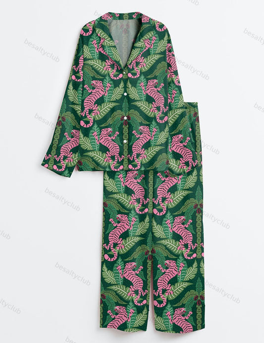 Green And Pink Tiger Watercolor Girly Tiger Print Long Sleeve Satin Pajama Set