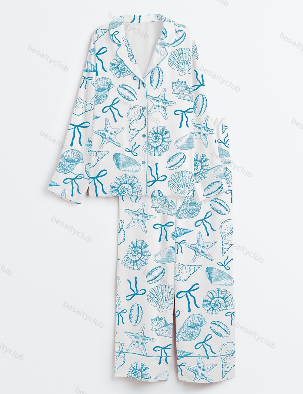 Summer Coquette Bow Sea Girly Ocean Seashells Beach Print Long Sleeve Satin Pajama Set