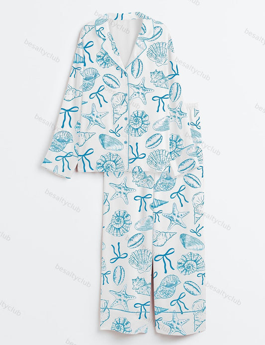 Summer Coquette Bow Sea Girly Ocean Seashells Beach Print Long Sleeve Satin Pajama Set