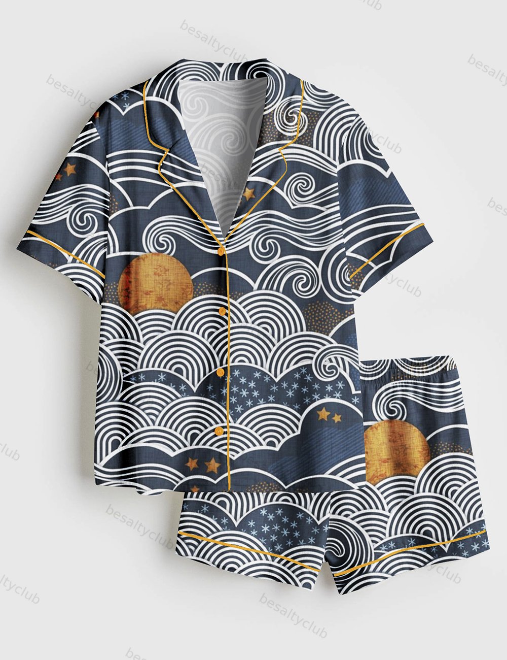 Cozy Night Sky Navy Blue Full Moon and Stars Over the Clouds Moody Sky Short Sleeve Satin Pajama Set