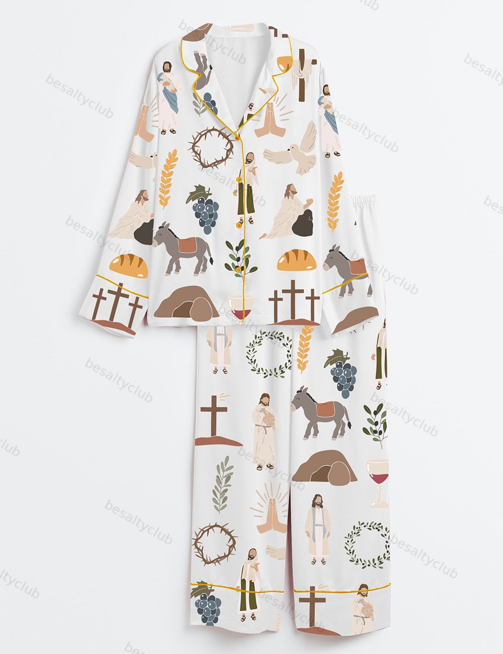 Jesus Christian Bible Peace Love Faith Wine Long Sleeve Satin Pajama Set
