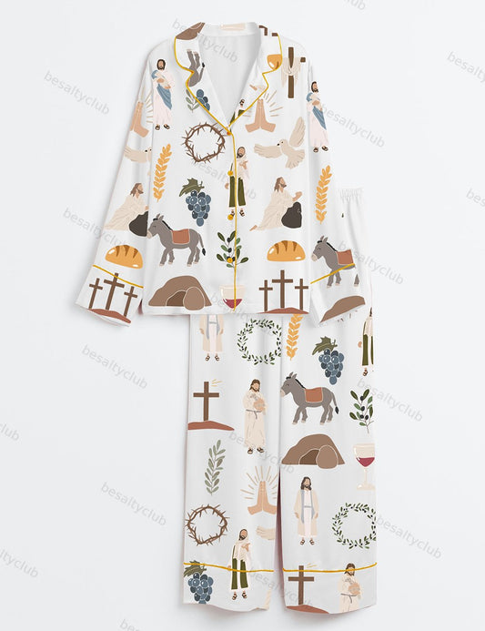 Jesus Christian Bible Peace Love Faith Wine Long Sleeve Satin Pajama Set