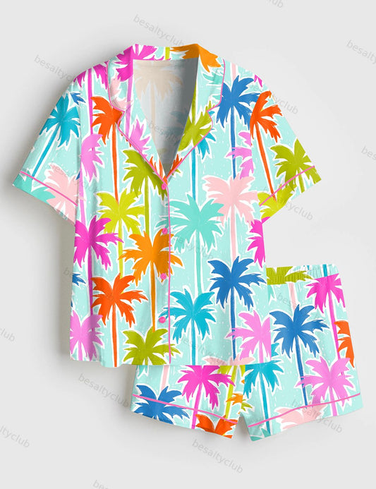 Summer Bright Colours Short Sleeve Satin Pajama Set