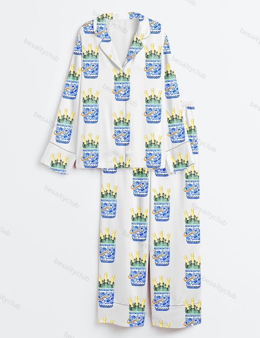 Women's Champagne Coaster More Veuve Please Champagne Veuve Long Sleeve Satin Pajama Set