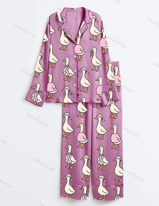 Just A Strong Goose Breast Cancer Awareness Goose Cute Pink Ribbon Duck Print Long Sleeve Satin Pajama Set