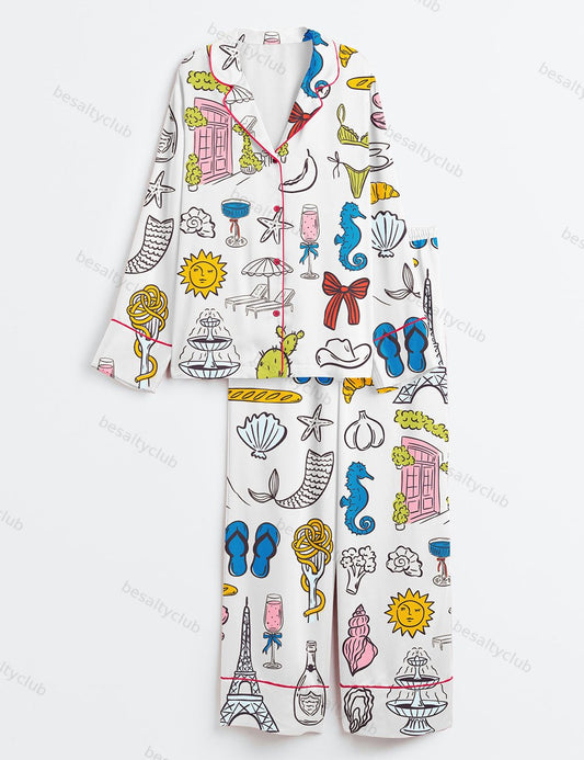 Whimsical Summer Coastal Wedding Italian Food Greece Aesthetic & Beach Life Print Long Sleeve Satin Pajama Set