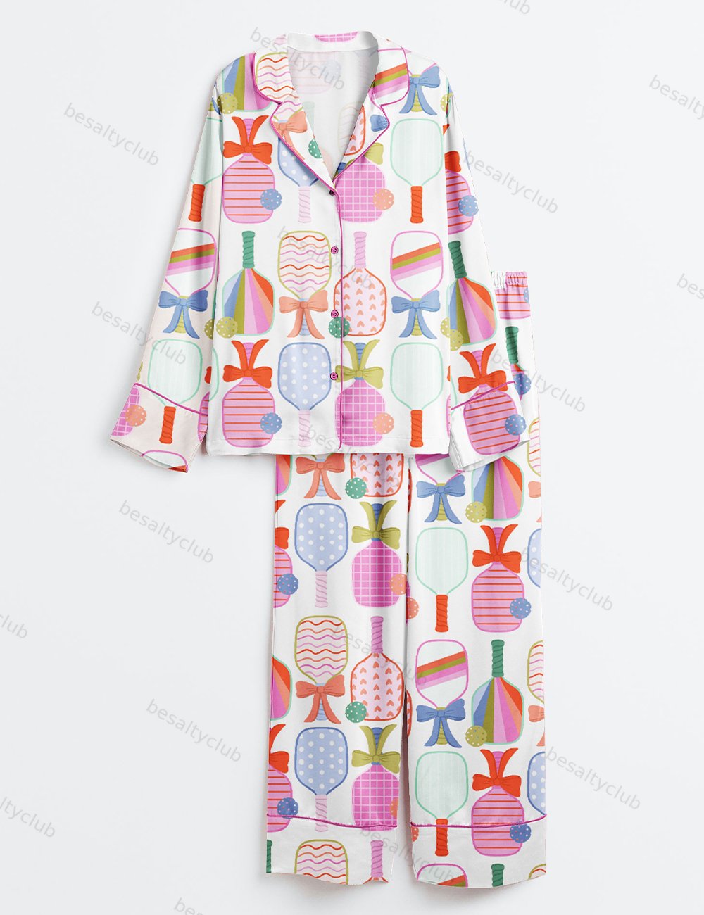 Preppy Pickle Paddle Pickleball Long Sleeve Satin Pajama Set