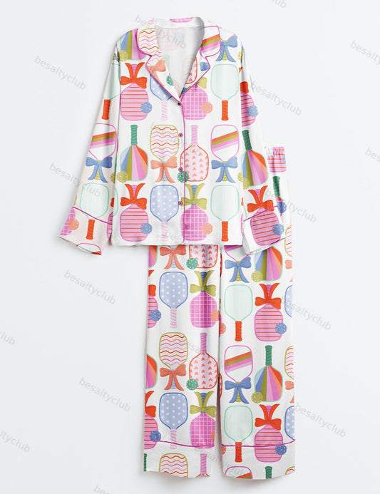 Preppy Pickle Paddle Pickleball Long Sleeve Satin Pajama Set