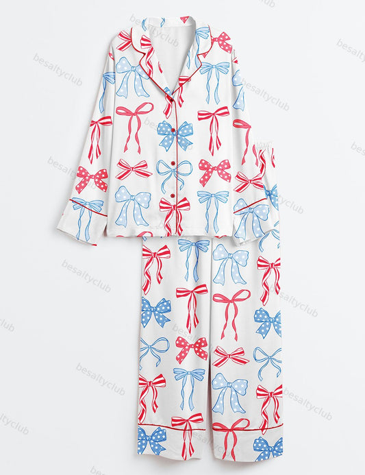 Patriotic American Bows 4th Of July Coquette Bows Print Long Sleeve Satin Pajama Set